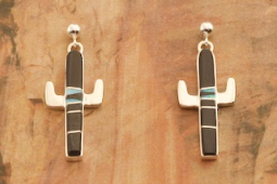 Calvin Begay Genuine Acoma Jet Sterling Silver Cactus Earrings